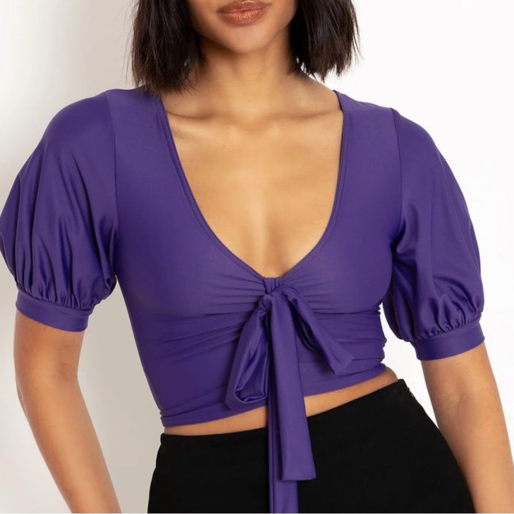 Blackmilk Purple Puff Sleeve Tie Front Crop Blouse